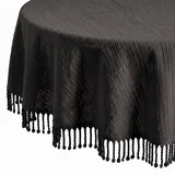 Tischdecke Outdoor Wetterfest, rutschfest & UV-Beständig in 7 Farben mit Fransen - Weichschaum PVC Tischdecke Abwaschbar & Waschbar bei 30°C - Gartentischdecke Oval 140x180 cm Schwarz
