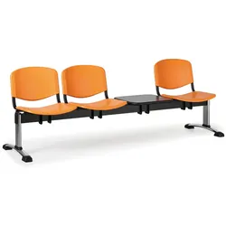 Kunststoff-Wartezimmerbank, Traversenbank ISO, 3-sitzig + Tisch, orange, verchromte Füße