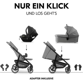 hauck 3in1 Kinderwagen Set inkl. Babyschale ab Geburt bis 22 kg, Klein Zusammenklappbar, Liegefunktion, Getränkehalter - Tablett, UV-Schutz 50+ (Grey)