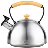 Briebe Wasserkessel Induktion Flötenkessel, 2,5L Edelstahl Retro, Holzgriff, Inox