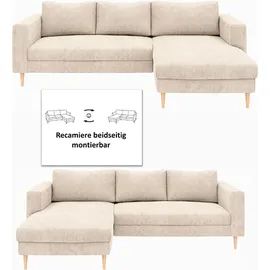 TRENDMANUFAKTUR Ecksofa TRENDMANUFAKTUR "Amazing, wahlw. mit Schlaffunktion & Bettkasten, Fuß Buche lackiert", cream, B:232cm H:81cm T:161cm, Sofas, Ecksofa, Recamiere beidseitig montierbar, L-Form,in Cord o. Struktur, B: 232 cm