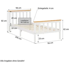 Homestyle4u Kinderbett 90 x 200 cm Kiefer massiv weiß braun