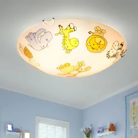 GLOBO Led Kinderleuchte dimmbar mit Fernbedienung Deckenlampe Glas Kinderzimmerlampe rund, Glas bunt mit Tiermotiven, Rgb Farbwechsel 2x 8,5w 2x 806lm warmweiß, Dxh 30x6,5 cm