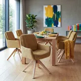 6er-Set Esszimmerstuhl HWC-Q37, Küchenstuhl drehbar Auto-Return, Stoff (680g/m2) Chenille Holz MVG senfgelb - Gelb