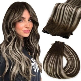 Fshine Genie Tressen Extensions Echthaar 50cm 60g Echthaar Tressen Haartressen Echthaar zum Einnähen Balayage Dunkelbraun bis Platinblond Farbe 2 60 2