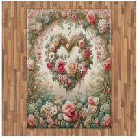 Teppich Flachgewebe Deko-Teppiche für das Wohn-,Schlaf-, und Essenszimmer, Abakuhaus, rechteckig, Blumiges Herz Zarter mittelalterlicher Garten grün|rosa 160 cm x 230 cm