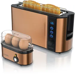 Arendo Frühstücksset, 2-Scheiben Langschlitztoaster, Eierkocher THREECOOK, Kupfer