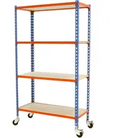 Simon Rack Schwerlastregal mit Rollen, 1575x800x400 mm, Bis 75 kg Belastbar, 4 Verstellbare Ablagen, MDF-Platten, Kellerregal, Lagerregal, Blau/Orange/Holz - Maderclick