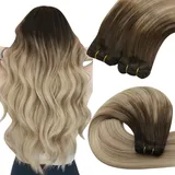YoungSee Echthaar Tressen Dunkelbraun Tressen Echthaar zum Einnahen Lang Haartressen Echthaar Dunkelbraun Balayage Blond Weave Extensions Echthaar 55cm Weft Extensions Echthaar Tressen 100g #4/14/60
