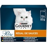 Purina GOURMET Perle | Saucen Regal | Erwachsene Katze | Rind, Huhn, Thunfisch, Lachs | 12 x 85 g | Frischebeutel (Verpackung kann variieren)