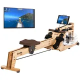 Skandika Rudergerät Styrke Wasser Rudermaschine für Zuhause aus Holz, Made in Germany, bis 180 kg, Bluetooth, Kinomap App, massive Esche, natürliches Rudern braun