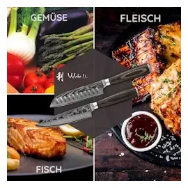 Wakoli EDIB Essentials 2er Damastmesser-Set - Küchenmesser Set aus 67 Lagen Damaststahl, Kochmesser-Set mit kleinem Chefmesser, Santokumesser, Pakkaho