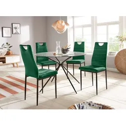 Essgruppe INOSIGN "Silvi-Mandy", grün (dunkelgrün, dunkelgrün, schwarz), B:110cm H:74cm T:110cm, Glas, Metall, Stoff, Sitzmöbel-Sets, Glastisch 110x110 cm mit 4 Stühlen (Veloursstoff), Gestell aus Metall