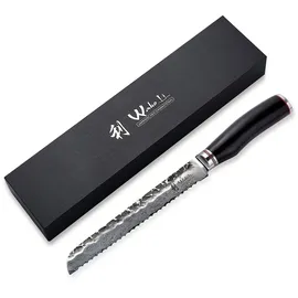 Wakoli EBO Damast Brotmesser I 20 cm Klinge mit Wellenschliff & Hammerschlag I schwarzer Eichenholzgriff