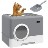 PawHut Katzentoilette mit Deckel, Katzenklo mit Schaufel, 2 Ausgänge, Toilette für Katzen bis 4 kg, Kunststoff, Grau, 52 x 41 x 38,5 cm