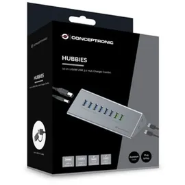 Conceptronic HUBBIES18G 10-in-1 60-W-USB-3.0-Hub-Ladegerät-Kombi, 2-in-1-USB-C-USB-A-Kabel, USB 3.2 Gen 1