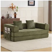 Leawin Sofa Sofas Wohnzimmer, Sofa mit schlaffunktion aus Cord mit Cupholder, Faltbares Loungebett mit Seitentaschen und ohne Montage grün