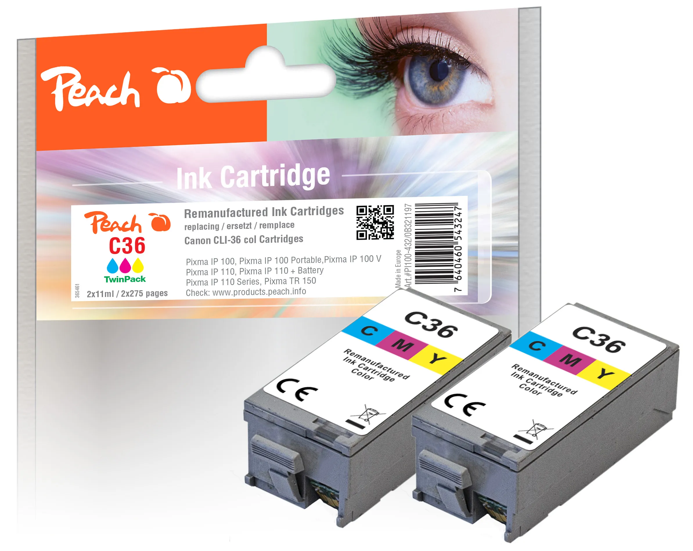 Peach Doppelpack Tintenpatronen color kompatibel zu Canon CLI-36C*2, 1511B001*2