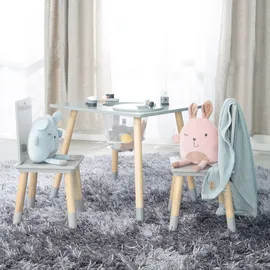 roba Kindersitzgruppe aus Holz mit Stauraum - Kindermöbel Set aus 2 Kinderstühlen & 1 Tisch - Kindertisch Set inkl. Aufbewahrungsnetz Grau / Natur