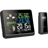 Miraval Funk-Wetterstation: Hygro- & Thermometer innen/außen, Farbdisplay, Uhrzeit- und Datumsanzeige, Wochentag, Mondphase, 2 Alarme, Außensensor, 8 Sprachen einstellbar