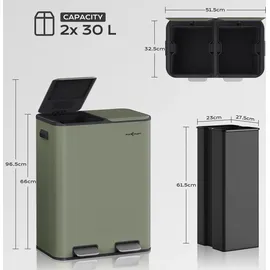 MAXCRAFT Mülleimer / Treteimer mit Soft Close Deckel und 2 Inneneimern - 60 Liter in Grün