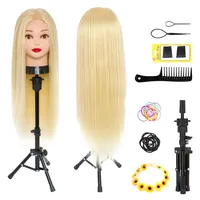 Frisierkopf mit Ständer 50% Echthaar Neverland Übungskopf 26" Frisieren Trainingsköpfe für Friseure Blonde it Halter + DIY Haare Set