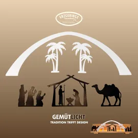 Weigla Dekofigur Figurenset "Christi Geburt" für WEIGLA Dekosockel, aus Holz (Set, 6 St., Bogen, Stall + Heilige Familie, Kamel, 2 Palmen und Heilige 3 Könige), Erzgebirge garantiert, Weihnachtsdeko innen braun|weiß