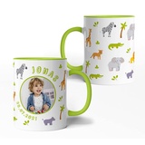 personalisierte Kinder-Tasse Safari Tiere Motiv - mit Namen, Datum und Foto - Fototasse Kindergarten Schule Geburtstag (Grün)