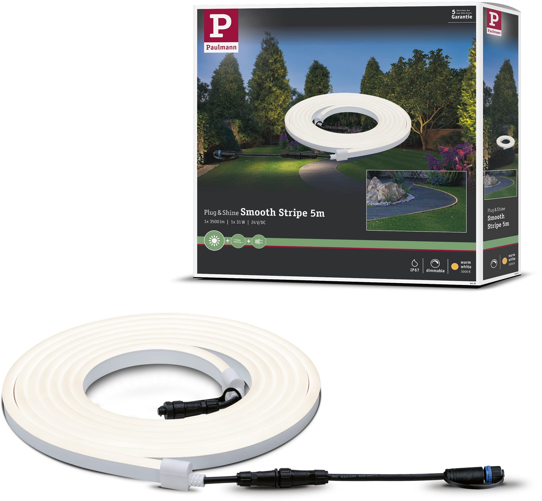 Paulmann 94191 Plug & Shine LED Außenleuchte Stripe incl. 1x31 Watt IP67 dimmbar Außenbereich Weiß Gartenleuchte Kunststoff 3000 K