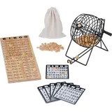 Relaxdays Bingo Spiel, Lostrommel, 75 Kugeln, 18 Karten, 150 Chips, Spielbrett, Kinder, Erwachsene, Holz, Natur/schwarz