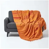 Homescapes Chenille-Tagesdecke, orange, Wohndecke 220 x 240 cm, Sofaüberwurf/Plaid aus 100% Baumwolle mit Fransen, orange gestreift