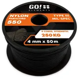 GO!elements Abspannleine Paracord 550 - 4mm, Paracord 550 aus reißfester Nylonschnur schwarz 50m