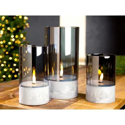 Glas Windlicht LED Kerze grau 15cm