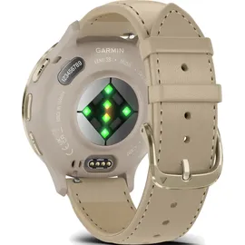 Garmin Venu 3S french gray/softgold mit Schnellwechsel-Leder-Armband + Schnellwechsel-Silikon-Armband french gray/softgold