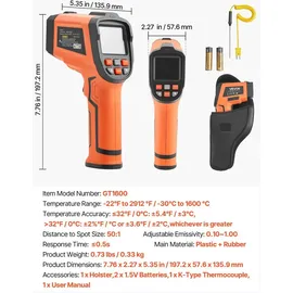 Vevor Infrarot Thermometer -30°C bis 1600°C, Digitales IR-Temperaturmessgerät mit LCD-Display Typ-K-Thermoelement & Dual-Laser, Berührungslose Temperaturpistole für Kochen Industrie (Nicht für Menschen)