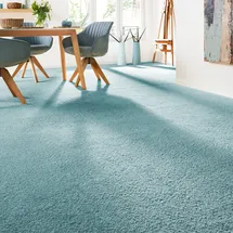 Andiamo Teppichboden ANDIAMO "Verona, Velours, Gesamthöhe 6 mm, Luxusklasse LC2", blau (türkis), B:500cm L:400cm, Kunstfaser, Teppiche, Uni Farben, Breite 400 cm oder 500 cm, strapazierfähig, pflegeleicht