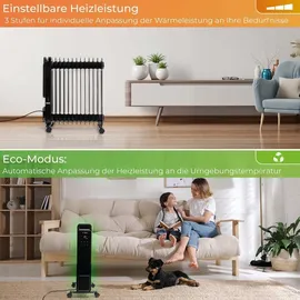 Klamer Ölradiator 2500 W, Elektroheizung energiesparend, 13 Rippen, 3 Heizstufen mit Eco-Modus, 24h Timer, Thermostat, Überhitzungs- & Kippschutz, mi...