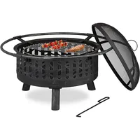 Relaxdays Feuerschale mit Grillrost & Funkenschutz, Schürhaken, Kohlerost, Ø 75 cm, Feuerstelle Garten, schwarz/Silber