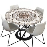 Morbuy Tischdecke Outdoor Rund 180 cm, Elastisch Rund Abwaschbar Tischdecken Wasserabweisend Lotuseffekt Garten Tischdecke Creme Mandala Table Cloth, Ideal für 160cm-170cm