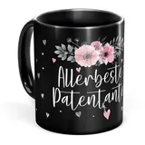 Tassendruck Schwarze Tasse mit Spruch für die allerbeste Patentante - Tasse bedruckt mit Spruch - Geschenk für Patentante, Geschenk Familie | Schwarze Fototasse, 300 ml