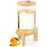 Relaxdays Getränkespender, 8 Liter, Kalt-& Heißgetränke, Bambus-Ständer, Thermometer, Bowle-Gefäß, transparent/Natur