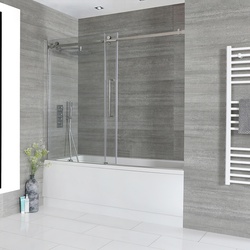 Einbau-Badewanne mit Rückenschräge inkl. Badewannenaufsatz mit Schiebetür& Schürze in Chrom - Exton