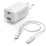 Hama Schnellladegerät, 2 Ports, mit Ladekabel, 32W (USB A, USB C, Quick Charge, Power Delivery, USB Ladegerät, für Handy, AirPods, Tablet etc., Ladekabel Typ C Ladegerät, Mehrfach Ladeadapter) weiß