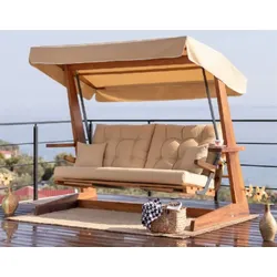 Casa Padrino Luxus Hollywood Schaukel Beige / Braun - Wetterfeste Garten Schaukel mit Sonnendach - Terrassen Möbel - Garten Möbel - Luxus Möbel - Luxus Garten Einrichtung