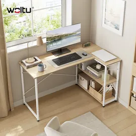 Woltu Schreibtisch mit Regal & Stauraum, Eckschreibtisch Computertisch Homeoffice, Bürotisch fürs Arbeitszimmer Schlafzimmer, 120x73x72 cm, Heller Eiche+Weiß