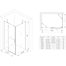 doporro Rav04 Eckdusche mit Drehtür rechts 140 x 90 cm transparent Klarglas D648360641500