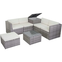 Mendler Poly-Rattan-Garnitur HWC-D21, Balkon-/Garten-/Lounge-Set Sofa Sitzgruppe, Box Staufach ~ grau, Kissen creme