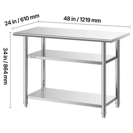 Vevor Gastronomie Arbeitstisch 1219 x 610 x 864 mm, Edelstahltisch mit 3 Ebenen & Höhenverstellbaren Ablagen Belastbarkeit Top 245 kg & 2 Unterablagen je 204 kg Vorbereitungstisch für Restaurant