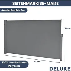 DELUKE® Seitenmarkise ausziehbar 180x300cm Blickdicht - Sichtschutz Windschutz | Markise Wandmarkise ausziehbar Sonnenschutz | Grau