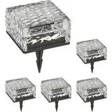 ledscom.de 5 Stück LED Solar-Pflasterstein Bodeneinbauleuchte BROSLO mit Erdspieß für außen, Glas, 10 x 10cm, warmweiß